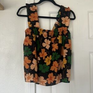 🤙🏼🥥Who What Wear Floral Ruffle Tank Blouse Small Black Orange Green🌻